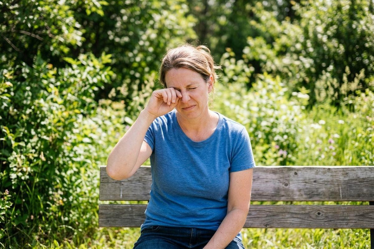 Adult sitting on an outdoor wooden bench rubbing one eye with hand eyes closed s